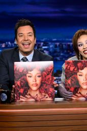 Doja Cat Juxtaposes Casual Knitwear With Crystal Tights on Fallon 2025