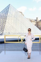 Emma Stone Selects Chic Louis Vuitton Ribbed Dress for Paris Fashion Week