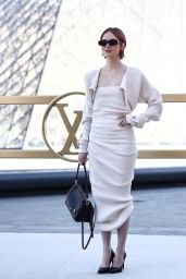 Emma Stone Selects Chic Louis Vuitton Ribbed Dress for Paris Fashion Week