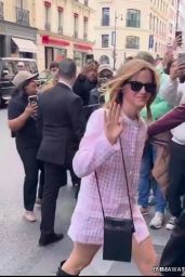 Emma Watson Selects Gingham Mini-Dress and Knee-High Boots in Paris