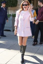 Emma Watson Selects Gingham Mini-Dress and Knee-High Boots in Paris