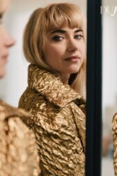 Imogen Poots Showcases Textured Gold Jacket for DuJour Editorial