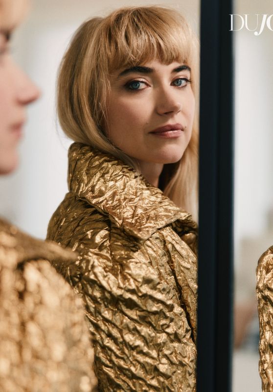 Imogen Poots Showcases Textured Gold Jacket for DuJour Editorial