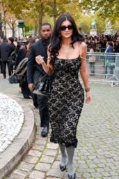 Kylie Jenner Layers Lace Dress with Socks and Pumps at Miu Miu