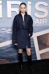 Niamh Algar Selects Structured Navy Skirt Suit and Boots