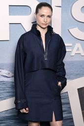Niamh Algar Selects Structured Navy Skirt Suit and Boots