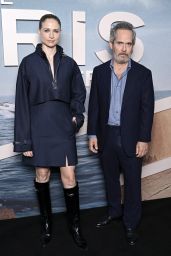 Niamh Algar Selects Structured Navy Skirt Suit and Boots