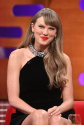 Taylor Swift Selects Crystal-Embellished Black Halterneck on The Graham Norton Show 2025