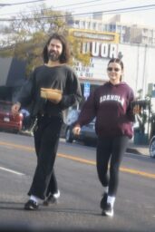 Lucy Hale walking in burgundy Adanola hoodie and black leggings, Los Feliz breakfast outing March 2026 street style