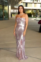 Eva Longoria posing in strapless lilac sequined fringe gown at LACMA Opening Gala Los Angeles April 2026