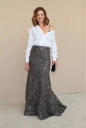 Katie Holmes in a deconstructed white shirt and sequined maxi skirt at the 'Brunello: The Gracious Visionary' premiere in New York City