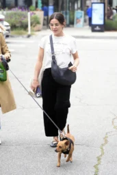 Lucy Hale walking in graphic tee and black trousers in Los Angeles, street style March 2026