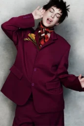 Anne Hathaway in red, blue, plum and off-white tailored looks for Vogue China September 2026