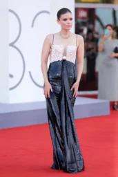 Kate Mara in a black and pearl-white Armani Privé gown at the Bucking Fastard Venice screening